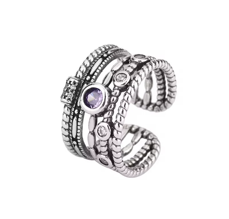 Anillo Ajustable Ancho de Acero Inoxidable con Piedra Violeta