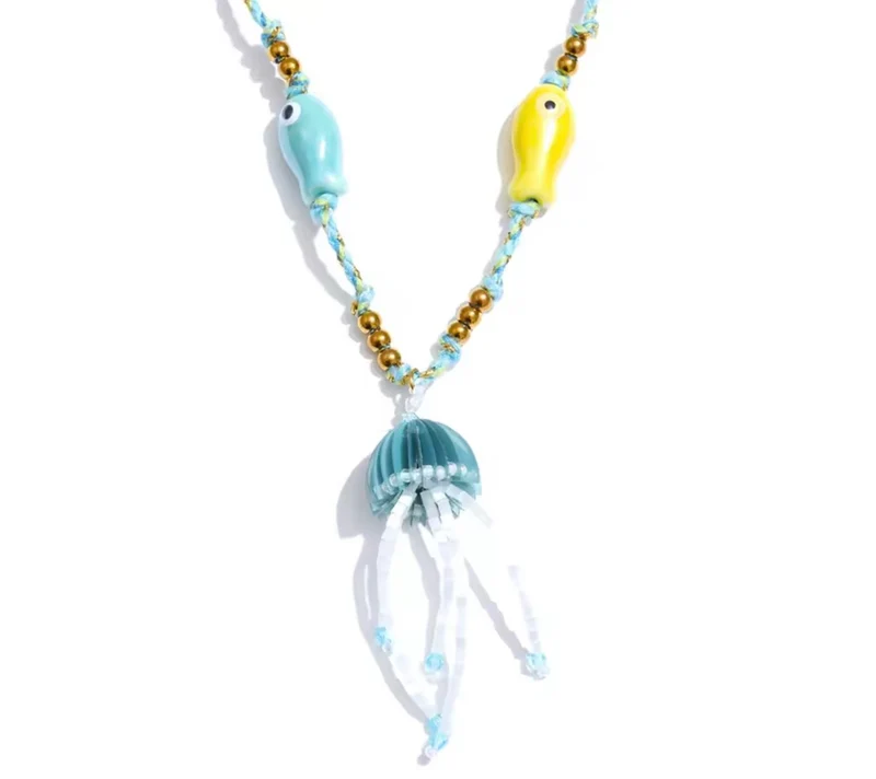 Collar Medusa Azul de Verano con Peces de Cerámica y Acero Inoxidable