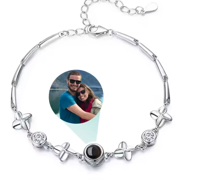 Pulsera con foto personalizada de flores y circonitas en acero inoxidable