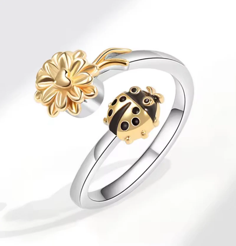 Anillo Antiestrés Giratorio Girasol y Mariquita para Mujer | Anillo Spinner Ajustable