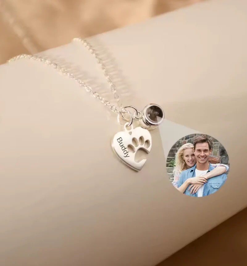 Collar Personalizado con Foto y Huella de Mascota | Collar Corazón con Foto Proyectable