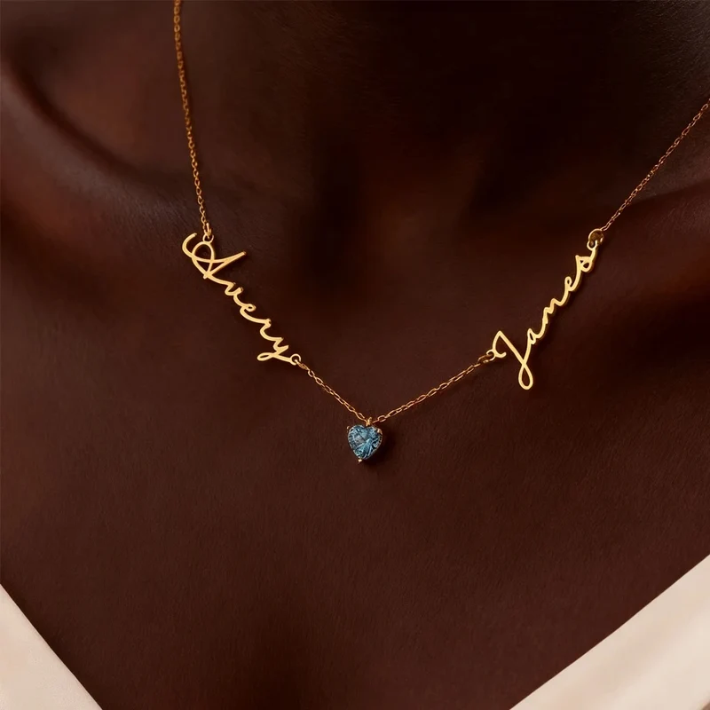 Collar con Nombres y Piedra de Nacimiento Personalizado