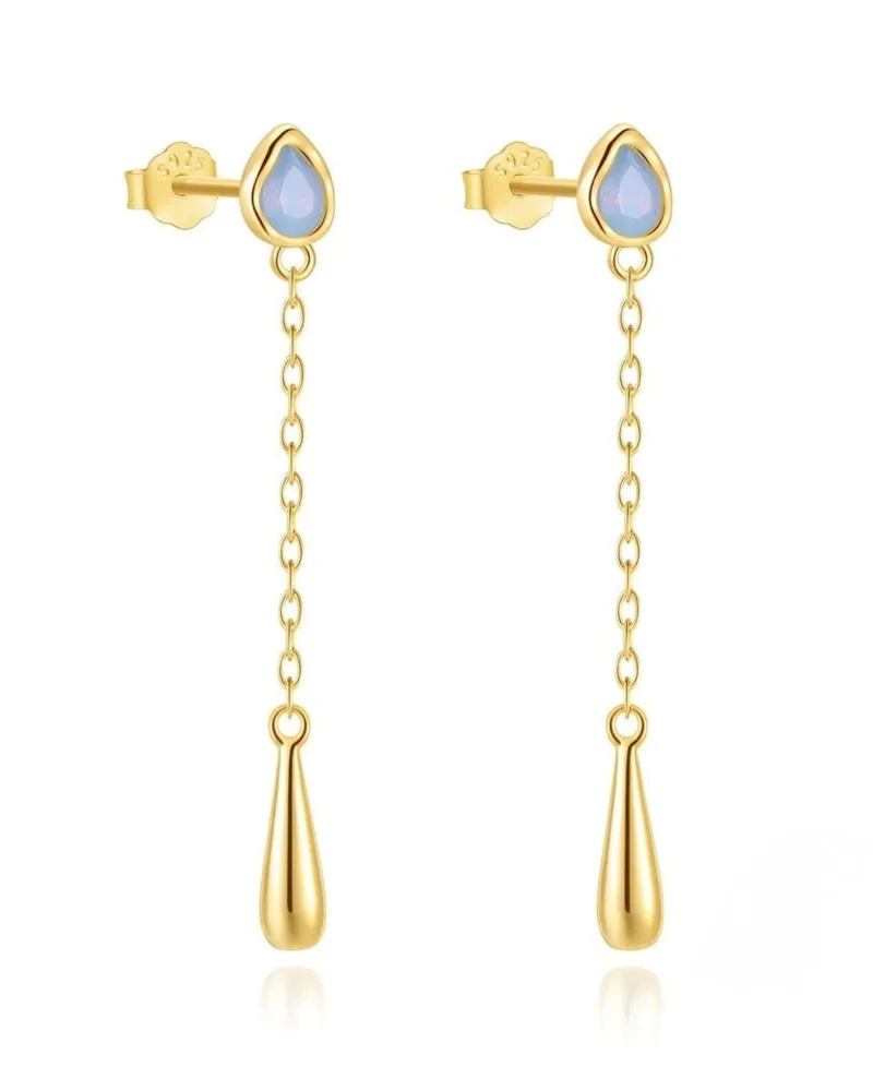 Pendientes Largos de Plata 925 con Ópalo y Baño de Oro | Elegantes