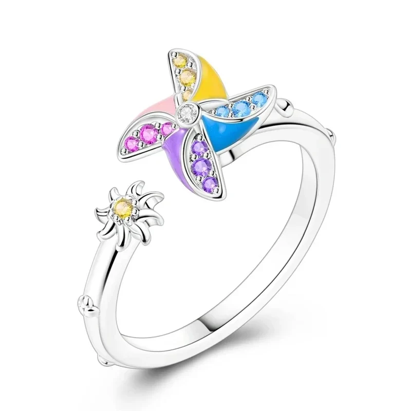 Anillo Antiestrés Molino Multicolor en Plata | Ajustable y Relajante