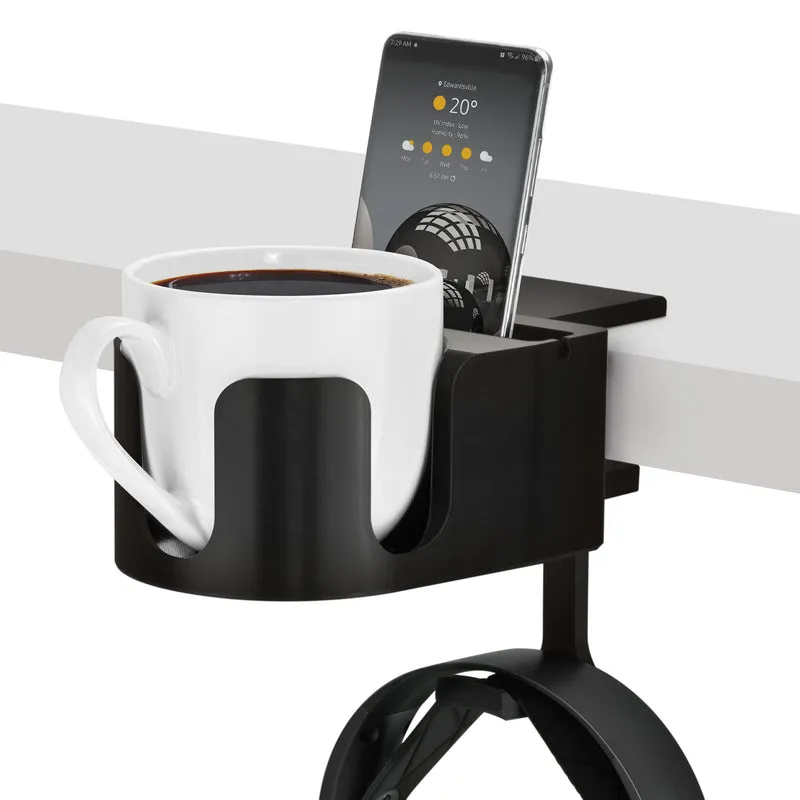 Portavasos de escritorio con soporte para auriculares y teléfono, bolígrafo y material de oficina: abrazadera ajustable, se instala en escritorios y mesas, admite tazas y vasos de hasta 10 cm de diámetro