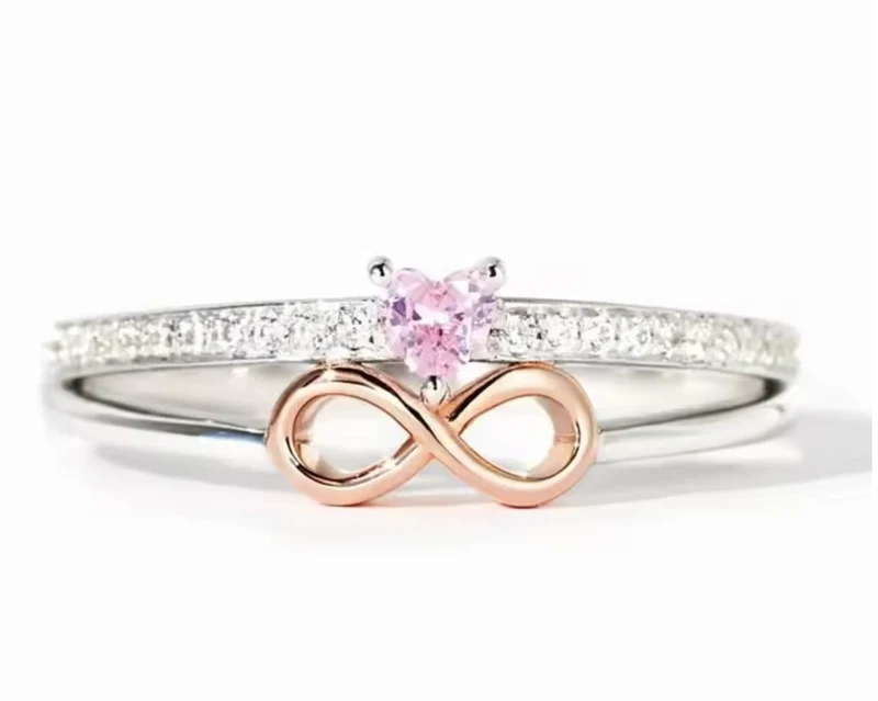Anillo infinito de plata con corazón rosa 💗 y circonitas