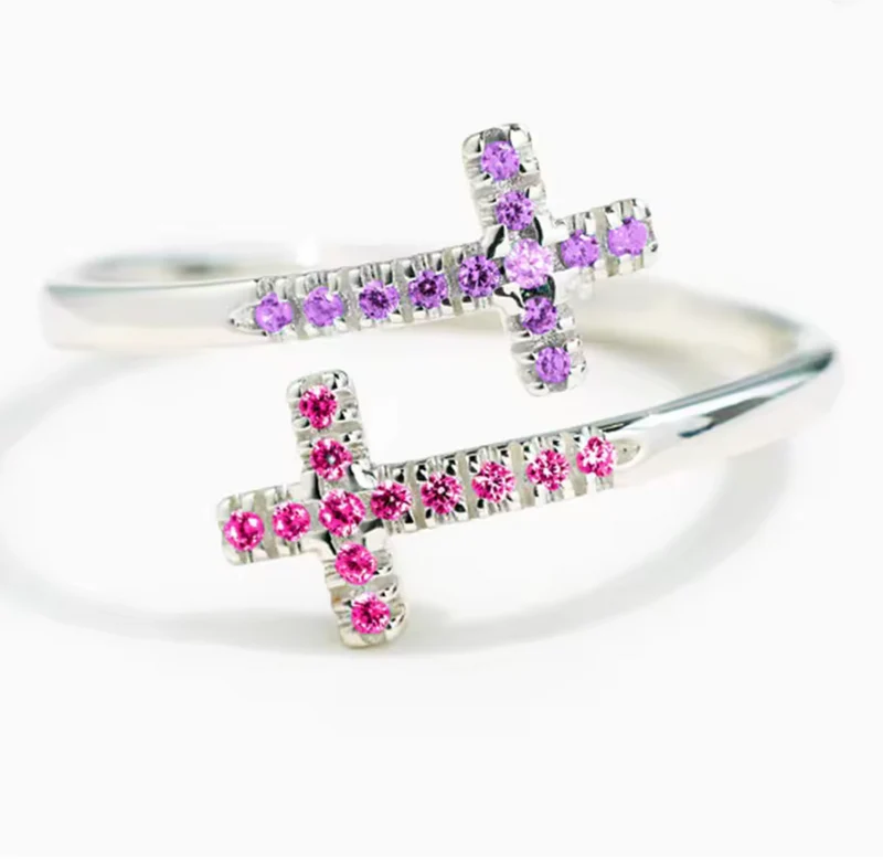 Anillo doble cruz de plata con circonitas rosas y lilas 💎