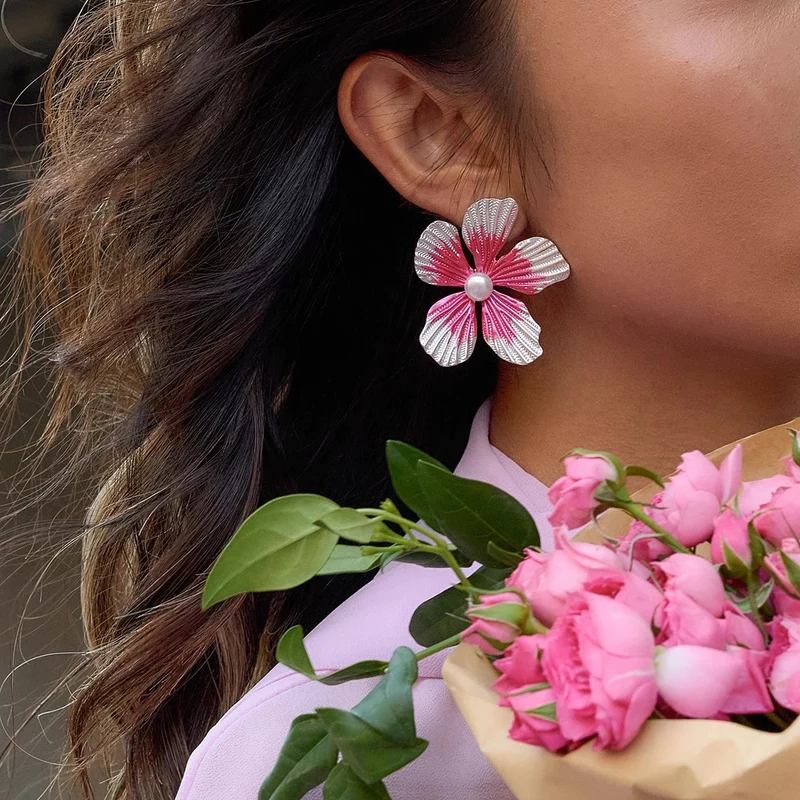 Pendientes flor bicolor acero inoxidable con perla