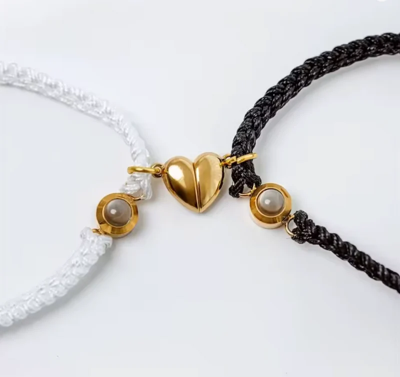 Pulsera para parejas con foto y corazón magnético en acero inoxidable