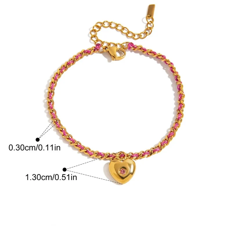 Pulsera corazón dorado con cadena dorada e hilo rosa entrelazado