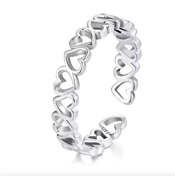 Anillo ajustable de plata de ley 925 con corazones – Diseño elegante y romántico