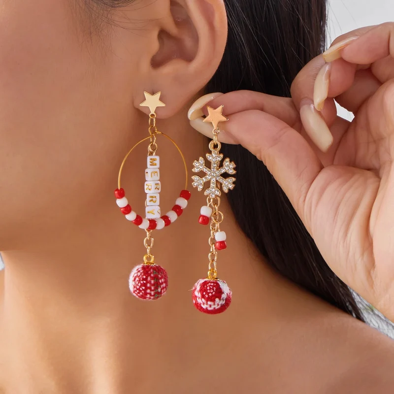 Pendientes Navidad largos con bolas y copo de nieve