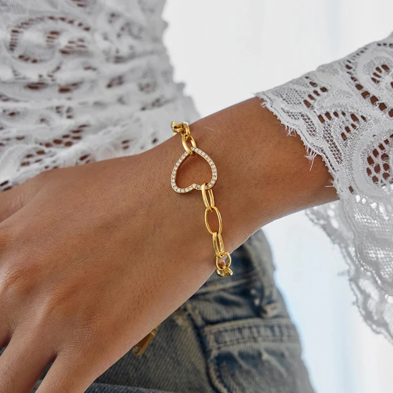 Pulsera corazón circonitas acero inoxidable dorado ajustable