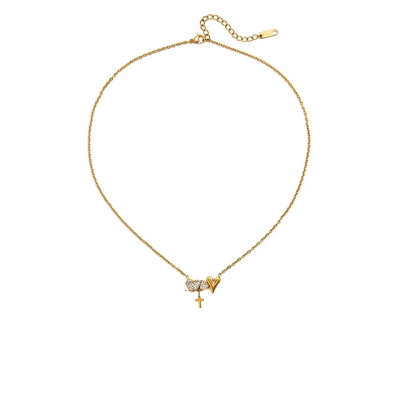 Collar de acero inoxidable con corazones y cruz – dorado