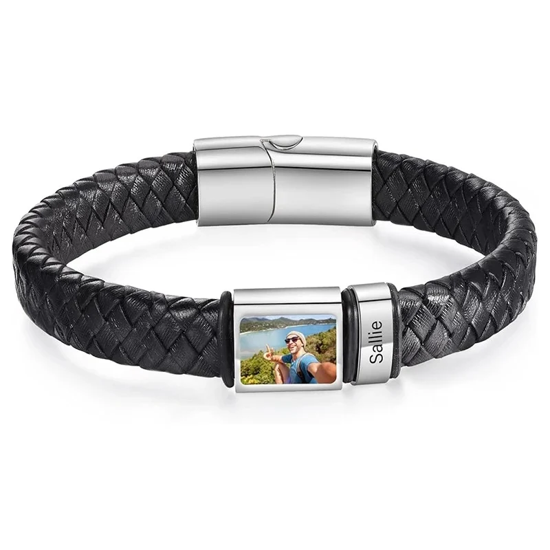 Pulsera personalizada con foto y nombres – Acero inoxidable y cuero trenzado
