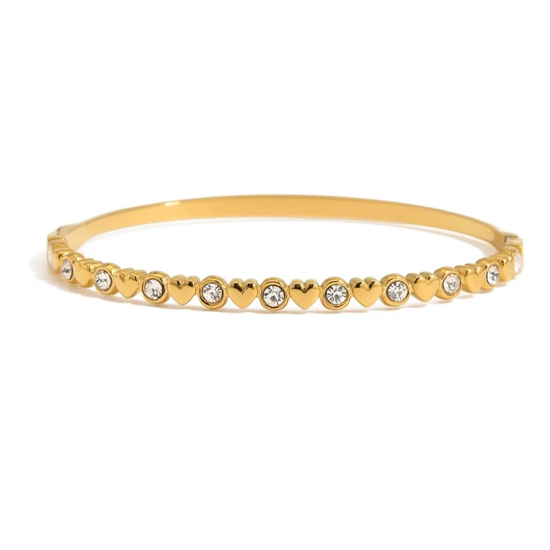 Pulsera rígida de corazones con circonitas – Acero dorado