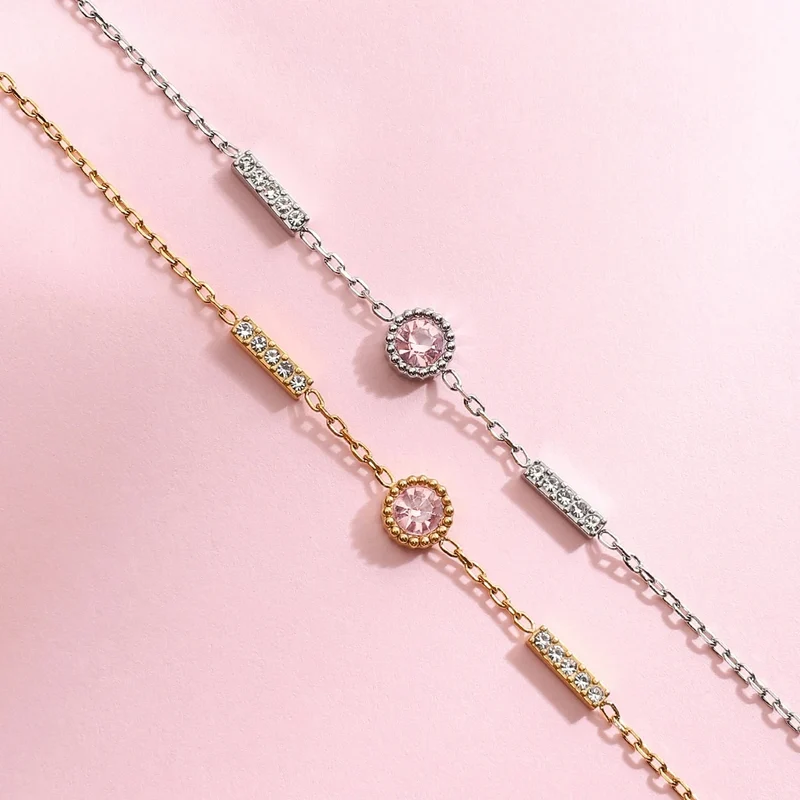 Pulsera elegante de acero con circonita rosa – Dorada o plateada