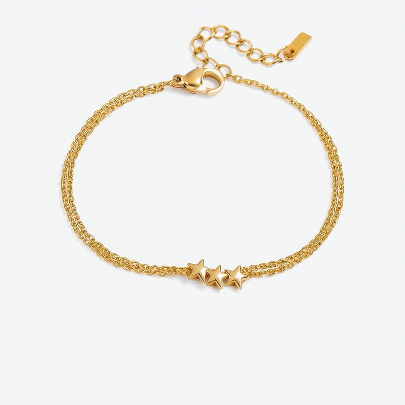 Pulsera doble con estrellas doradas – Acero inoxidable ajustable