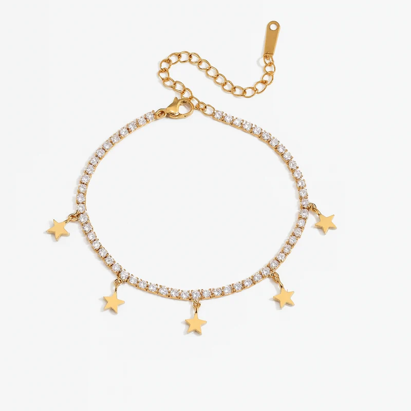 Pulsera de circonitas con estrellas colgantes – Acero inoxidable dorado