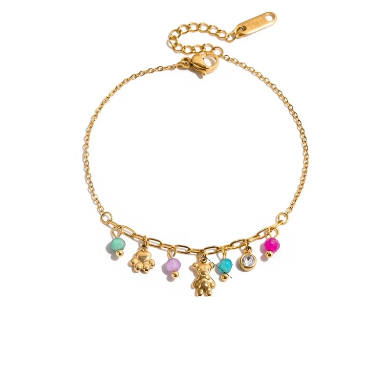 Pulsera de Acero Inoxidable con Ositos y Charms de Colores | Waterproof e Hipoalergénica