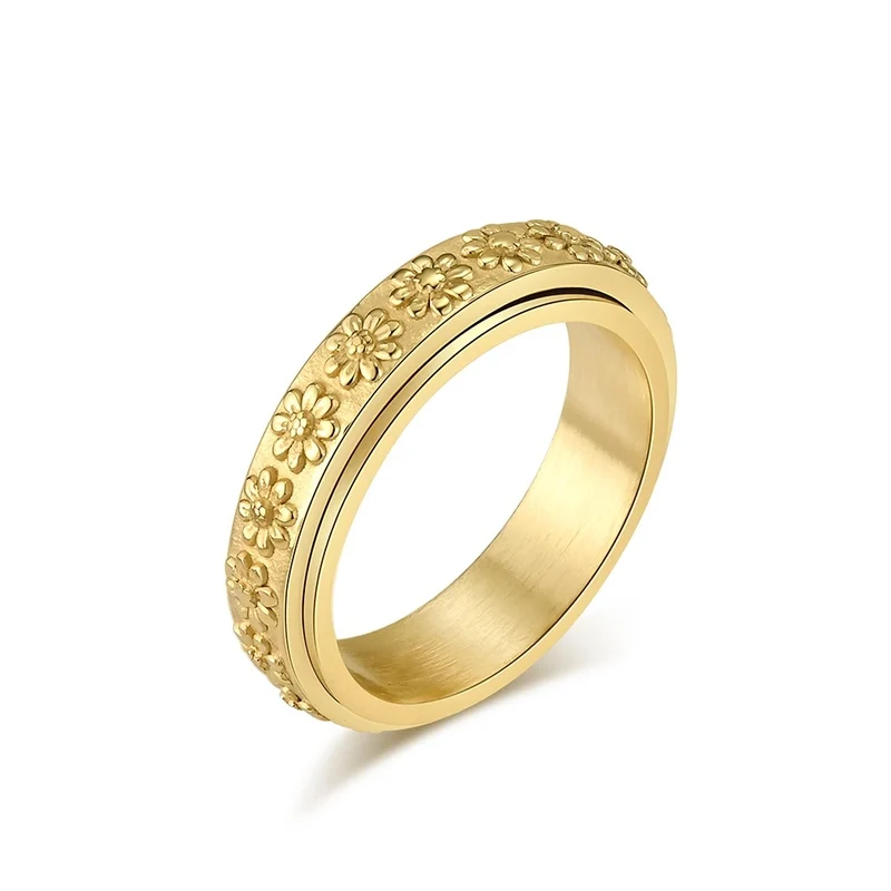 Anillo Antiestrés Giratorio de Acero Inoxidable con Flor