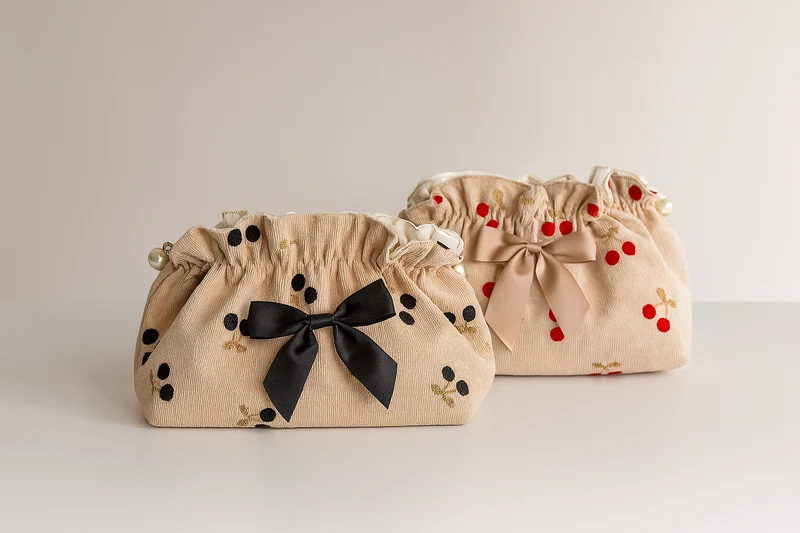 Neceser de Pana con Lazo Negro y Estampado de Cerezas