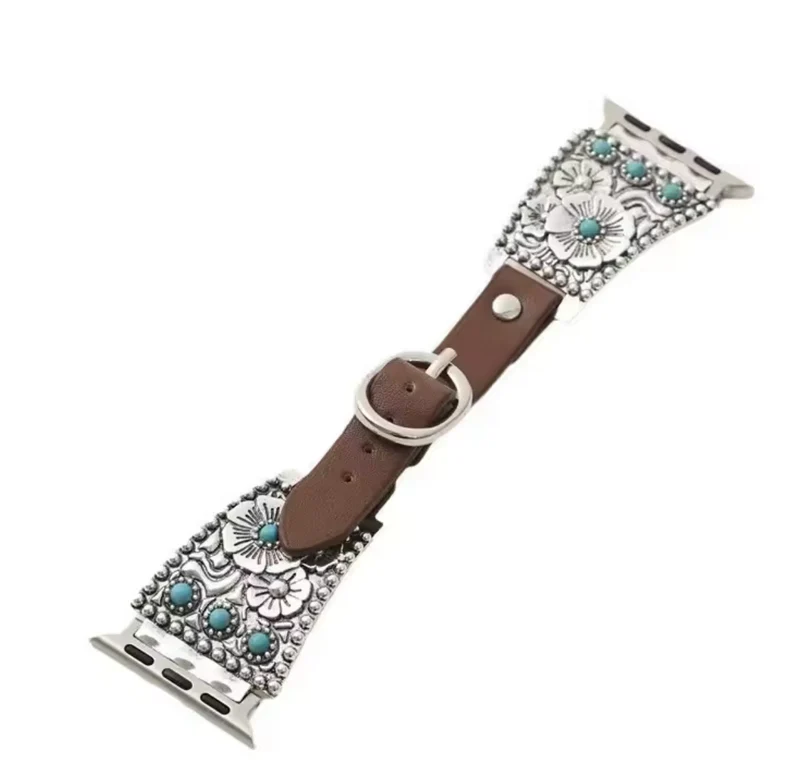Correa Apple Watch estilo boho con flores en relieve y piedras turquesa