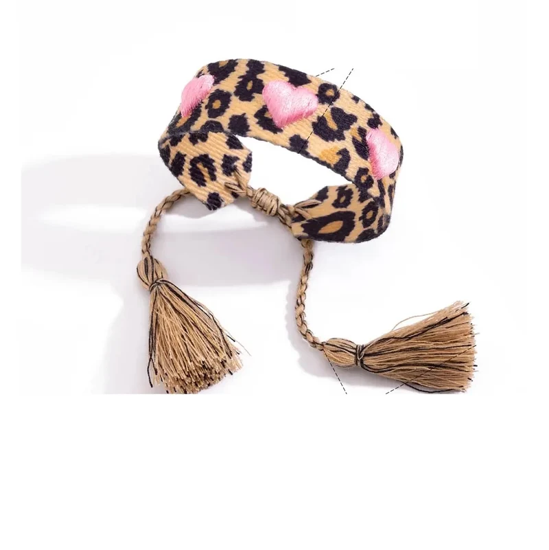 Pulsera de Tela Ajustable Boho – 4 Diseños (Leopardo ❤ , Cerezas, Smile, Love)