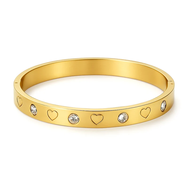 ✨ Brazalete Rígido Dorado con Corazones y Cristales