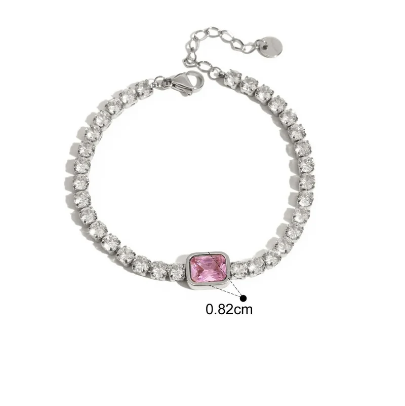 Pulsera elegante con circonitas y piedra rosa – Acero inoxidable hipoalergénico