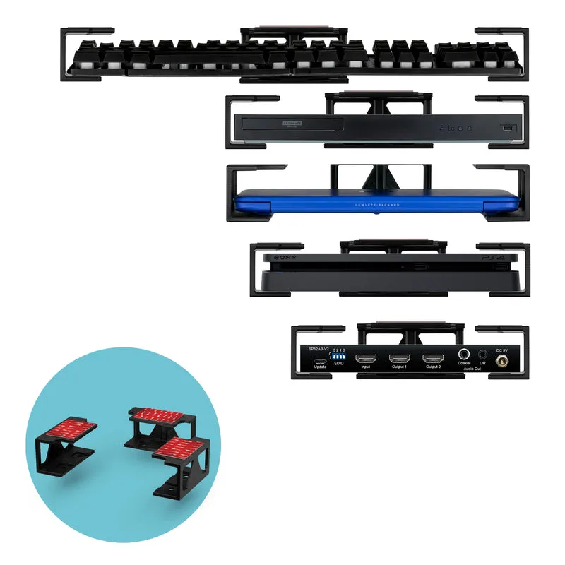 Soporte para computadora portátil debajo del escritorio con adhesivo y tornillos para dispositivos como computadoras portátiles Macbooks Surface Keyboard Routers Módem Caja de cable Conmutador de red y más