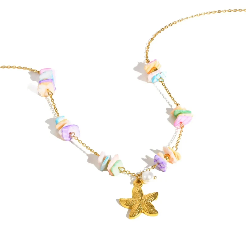 Collar dorado con estrella de mar y perla | Acero inoxidable oro 18K