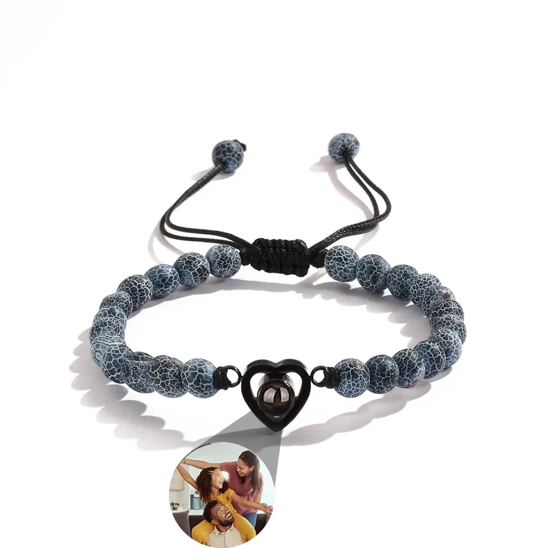 Pulsera con foto proyectable y cuentas azules | Corazón acero