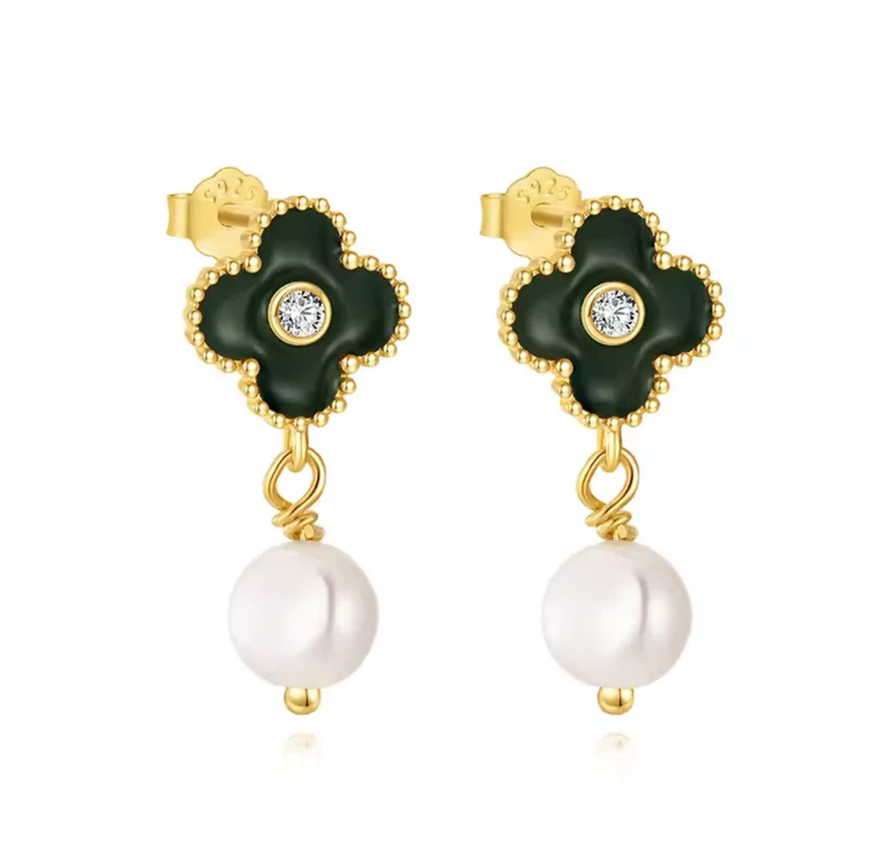 Pendientes Flor Verde con Perla Colgante – Baño Dorado