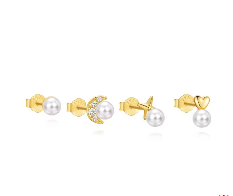 Pendientes de Perla y Plata 925 con Bañado en Oro – Set Luna, Estrella, Corazón