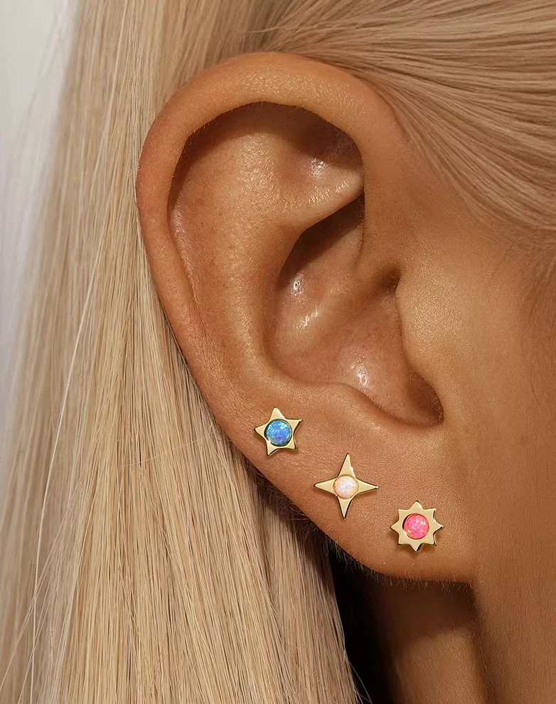 Pack 3 Pendientes Estrella | Plata 925 Baño Oro 18K | Blanco, Azul y Rosa