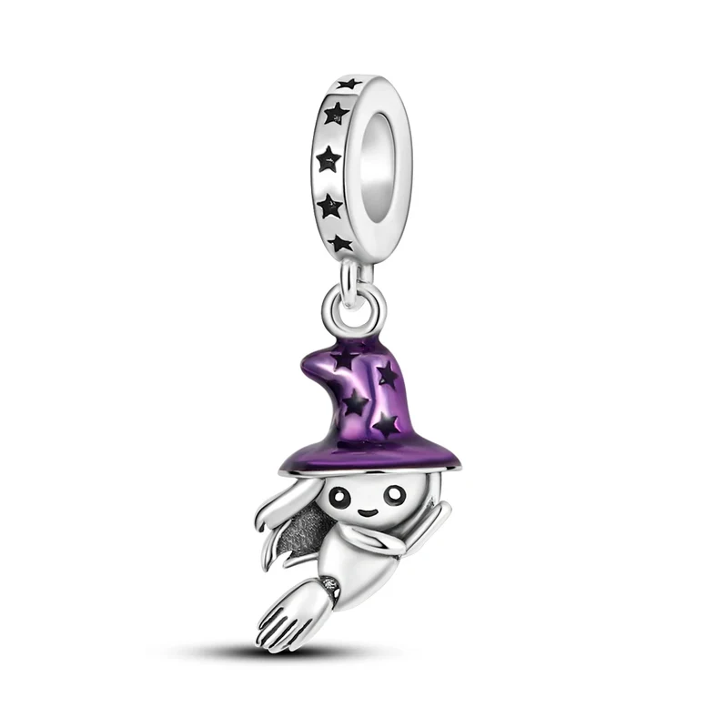 Charm colgante de bruja voladora con sombrero púrpura – Plata 925