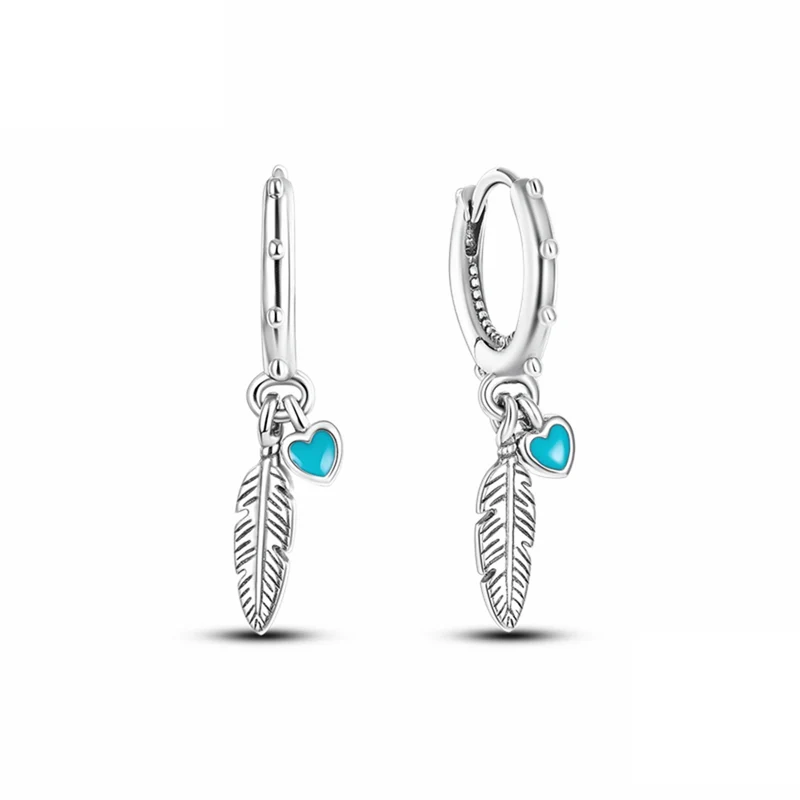 Pendientes Pluma con Corazón Azul – Acero Inoxidable Baño Plata de Ley 925