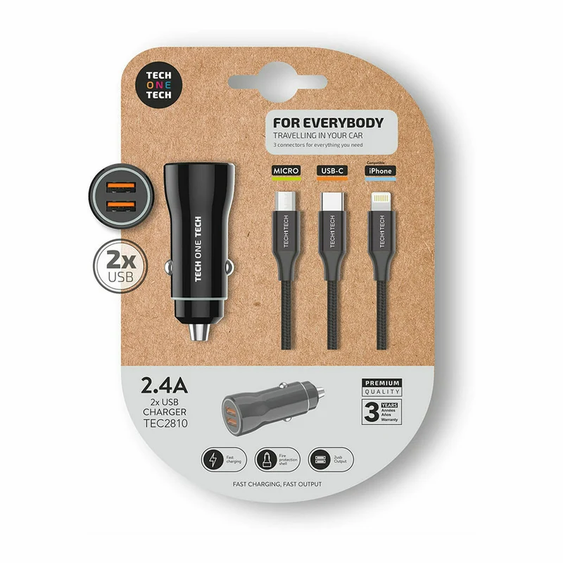 Cargador de Coche USB Universal + Cable Tech One Tech Doble USB x 2