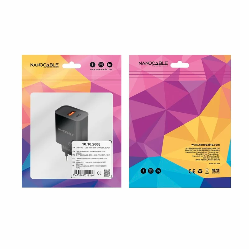 Cargador de Pared NANOCABLE 10.10.2008 Negro 20 W